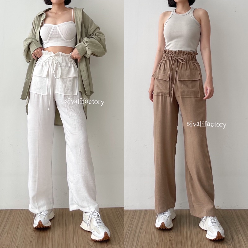 SIVALI Hanna Pants - Celana Kulot Highwaist Crinkle Double Pocket - Celana Wanita - Cullote Pants