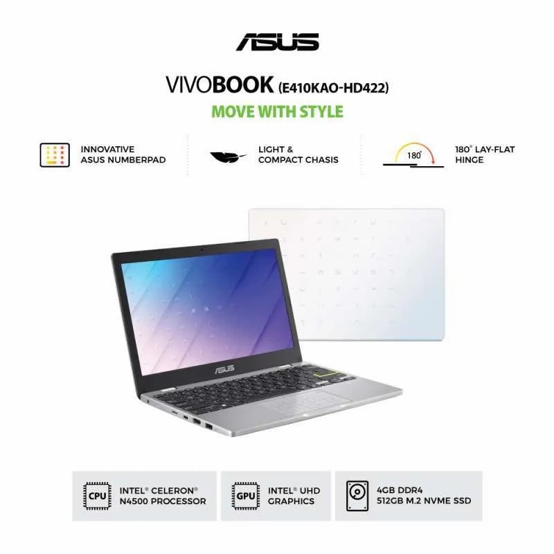 LAPTOP ASUS E410KAO - INTEL DUALCORE N4500 4GB 512GB 14