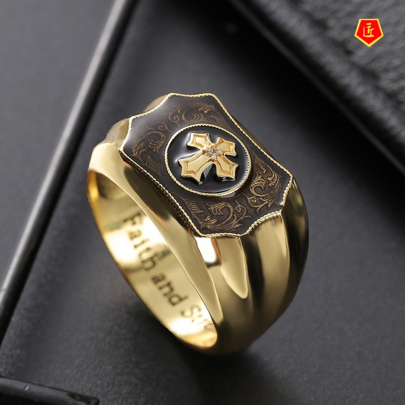 [Ready Stock]Creative Golden Black Agate Cross Faith Ring