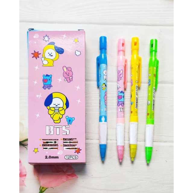 ( ISI 12 ) PENSIL MEKANIK 2.0 KARAKTER PENSIL BTS 1 PAK / PENSIL BTS LUCU / PENSIL BTS BT21 MURAH