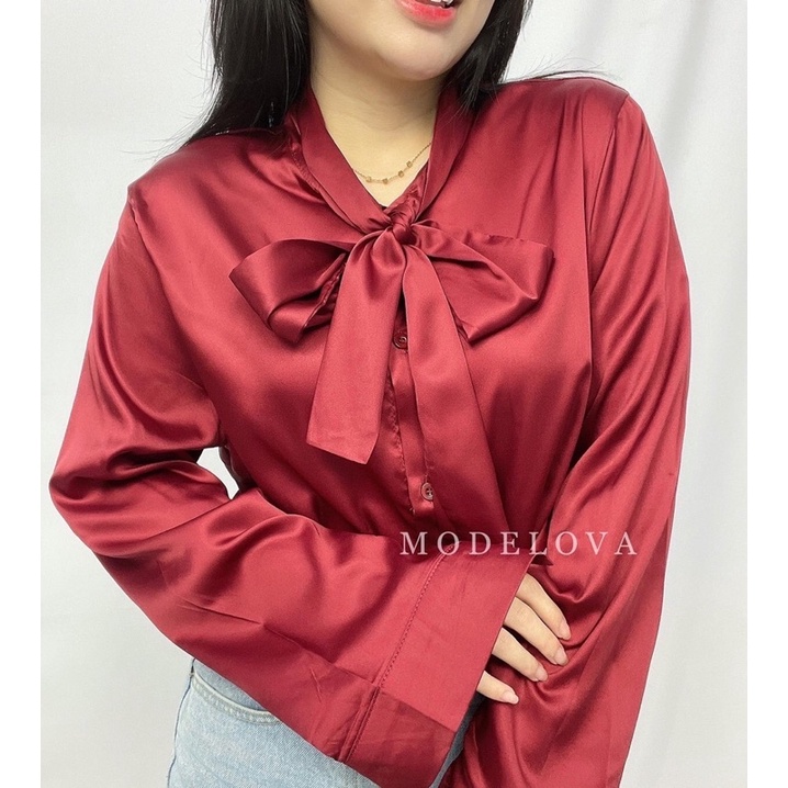 MDLV ~ 7132 Ridelian Tie Neck Shirt Blouse Satin Blouse Premium Blouse Import Blouse Korea Blouse Pita Blouse Casual Atasan Satin Lengan Panjang Fashion Wanita Fashion import