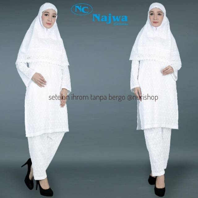 Baju Setelan Ihrom Wanita Putih Katun Jepang Bordir / Setelan Tunik Perlengkapan Haji Umroh