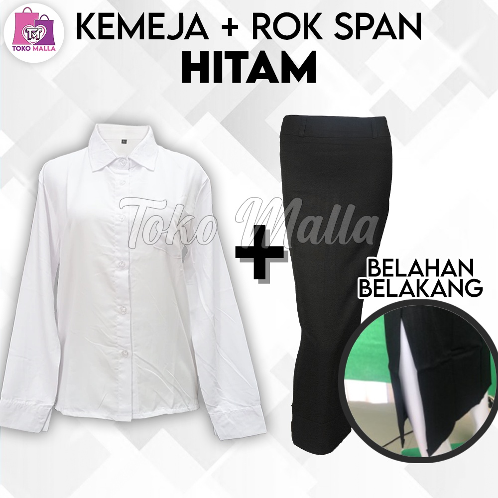 Setelan Kemeja Putih Set Wanita,1 SET KEMEJA & Rok SPAN Panjang HITAM, Jas Formal, One Set Wanita Ke