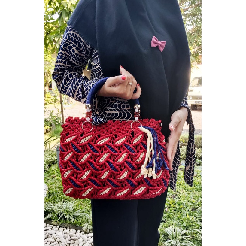 Tas Selempang Rajut TaliKur Daun Mutiara / Tas Talikur Motif Daun panjang / Tas Talikur  Wanita
