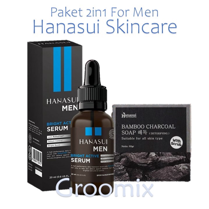 Paket Skincare Pria Brightening 2in1 Sabun Serum Hanasui Pencerah Pemutih Wajah Pria Glowing H3