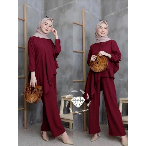 SETELAN SOLARIA Fashion Wanita Muslimah Polos Casual Bepergian Kuliah Remaja Model Baru Style