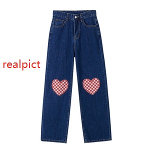 New Biru tua Love Celana Panjang Jeans --high waist straight leg celana jeans panjang wanita