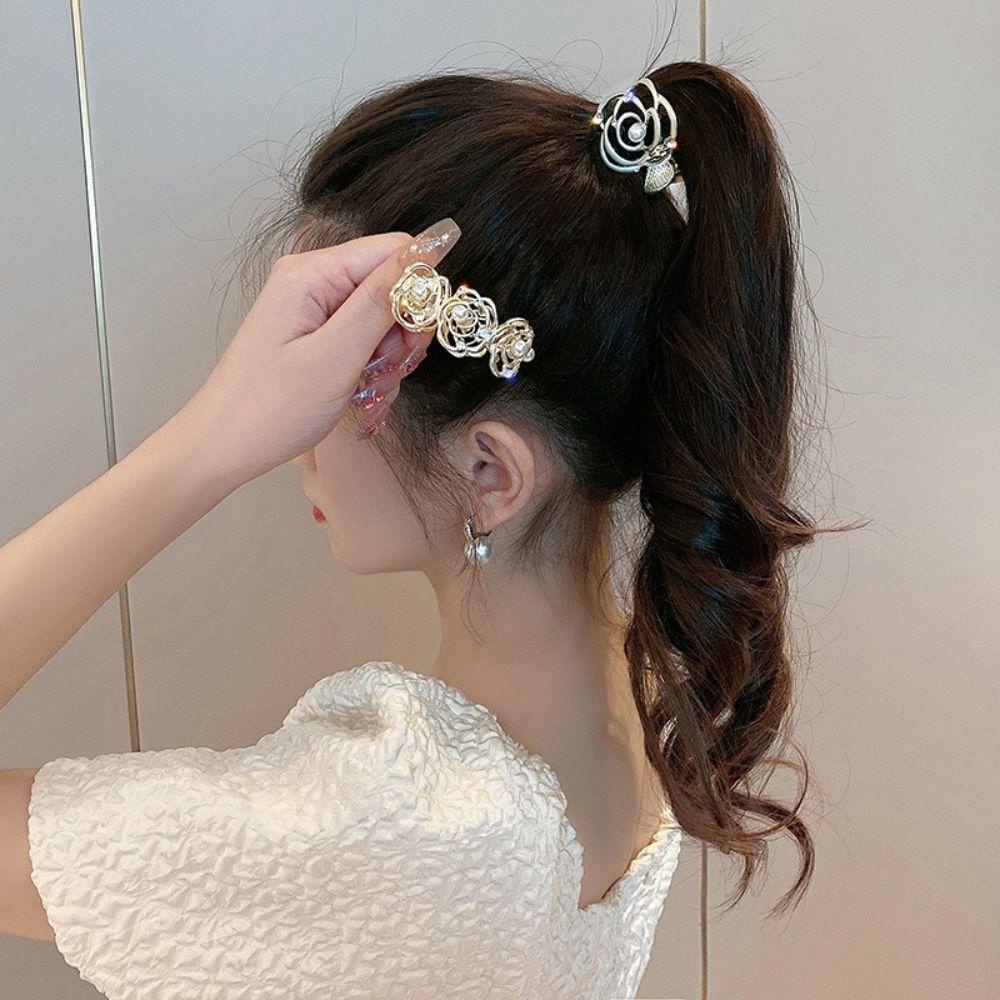 Agustina Ponytail Hair Claws Pearl Elegan Jepit Rambut Bunga Mawar Hiasan Kepala Jepit Aksesoris Rambut