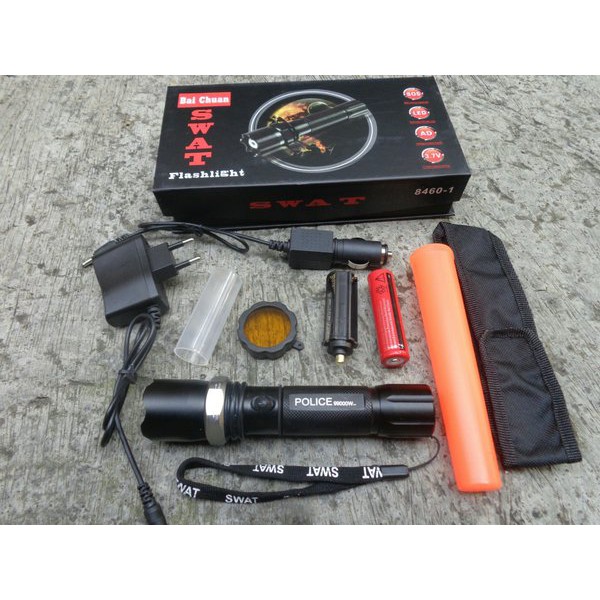 Senter Lampu Flashlight SWAT Police 99000w Kode 8460-1 plus Sarung Senter