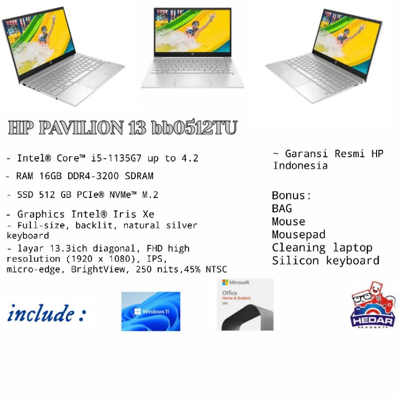 HP pavilion 13 bb0512Tu i5 1135G7 16GB 512GB Iris Xe W11 OHS 13 FHD