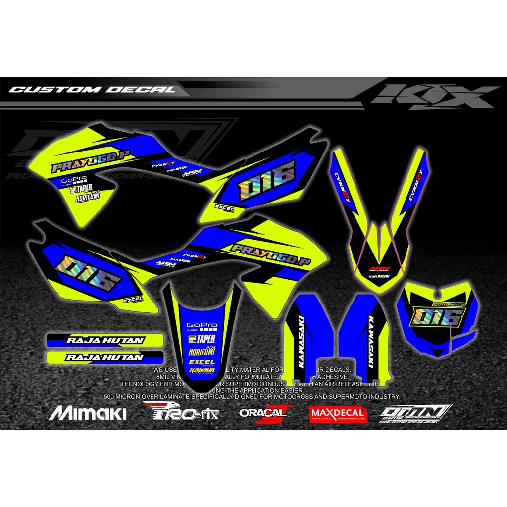 Decal klx warna kuning biru hitam dengan combinasi hologram