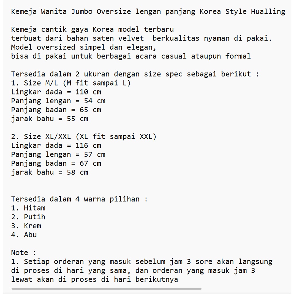 Kemeja Wanita Jumbo Oversize lengan panjang Korea Style Hualling JCCollections