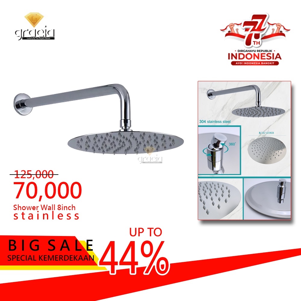 Shower Pancuran Hujan Stainless Berlapis Krom Bulat 8 inch / Shower Bulat Chrome Kepala Terpasang Di Dinding / Wall Shower DISKON MERDEKA