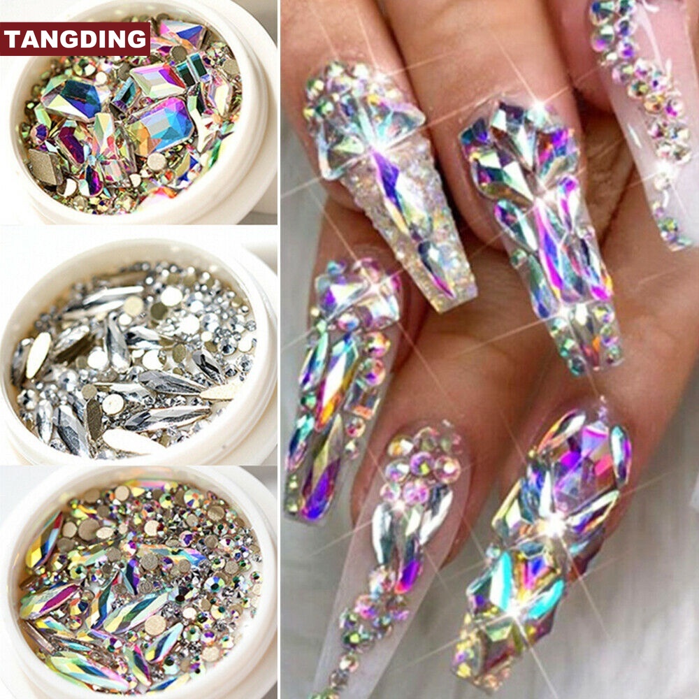 【COD Tangding】1 Box 3D Glitter Rhinestones AB Flat Back Stones Nail Art Decor Gems Mixed Size