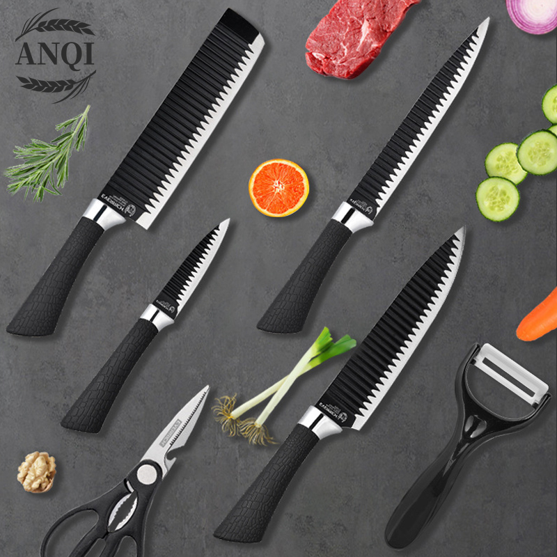 Pisau Dapur Hitam Set Isi 6pcs Black Knife Set Set 6 pcs Black Pemotong Gelombang Baja  Tahan Karat