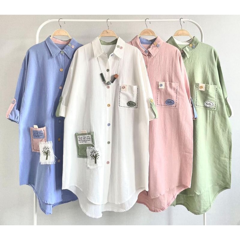 Tunik Kemeja Katun Linen Import  Polos Aplikasi Kantong depan Lucu LUBANa#6335