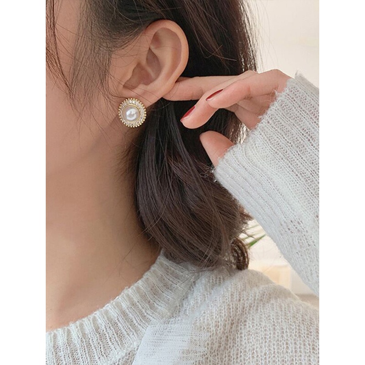 Anting Tusuk Gantung Bahan Sterling Silver 925 Desain Geometri Hias Mutiara + Berlian Imitasi Untuk Wanita