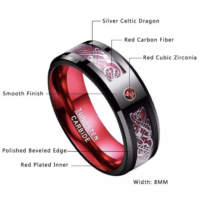 Cincin Pria Tungsten Carbide Original Red Dragon Celtic Cubic Zirconia High Quality