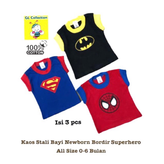 OBRAL! ISI 3PCS! ATASAN KAOS STALI BAYI ALL SIZE 0-6 BULAN WARNA BORDIR SUPERHERO