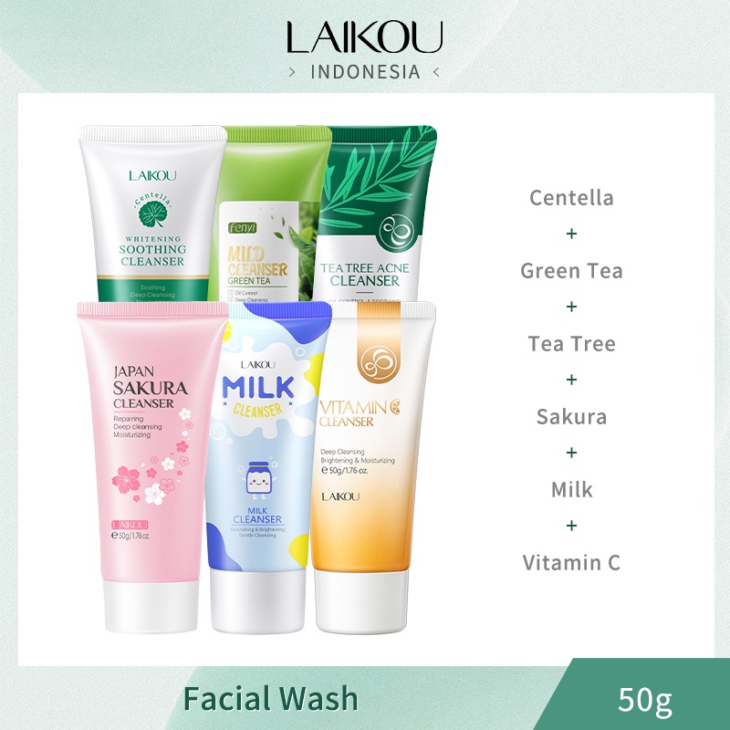 LAIKOU Cherry Blossom Pembersih Wajah Teh Hijau Centella Susu Pembersih Wajah Pori-pori Penghilang Komedo