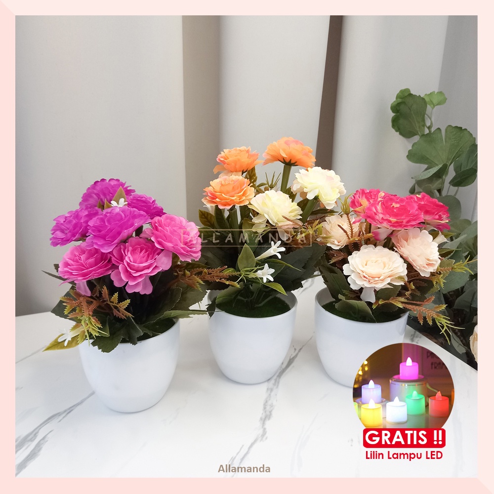 Tanaman Hias Bunga Mawar Rose Krisan Dan Pot Bunga Hias Artificial Dekorasi Meja Rumah Kantor