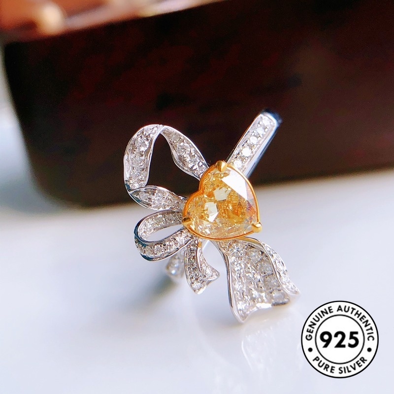 Cincin S925 Silver Bentuk Hati Aksen Berlian Warna Kuning