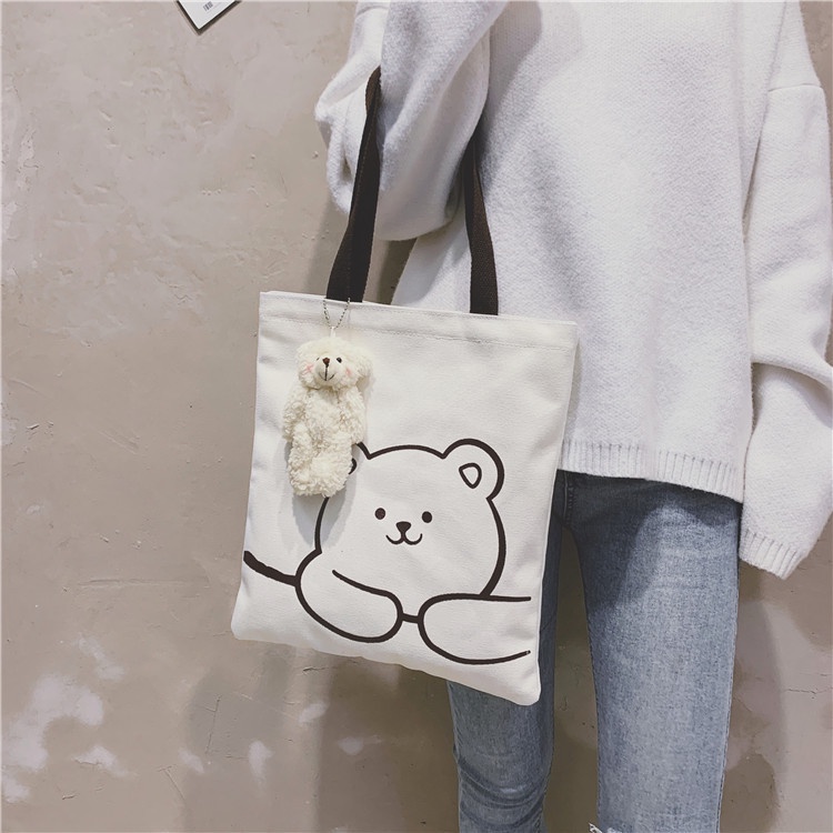 Drozenb Tas Tote Wanita Bahan Canvas Model Korea Motif Kartun/Totebag Canvas Korea/Tas Totebag Fashion Resleting/Tas Totebag Kekinian/Totebag Casual Bahan Canvas/Tas Tote Harajuku