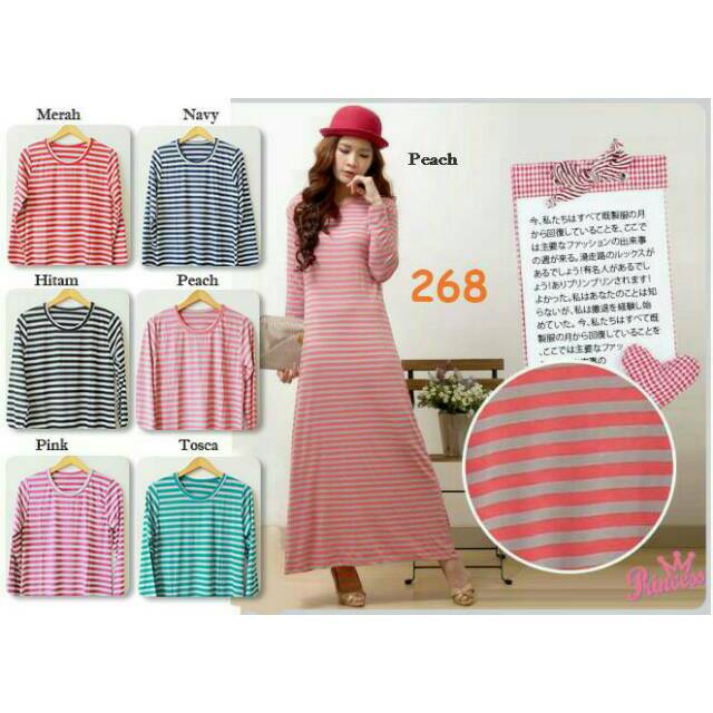 JakartaFashion - gamis long dress stripe spandek maxy bahan adem lengan panjang simple salur santai