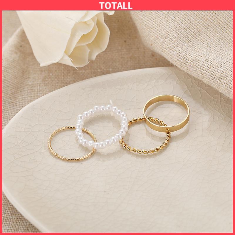 COD Korea Wanita Mutiara Cincin Wanita Emas Cincin Logam Set Fashion Perhiasan Aksesoris-Totall