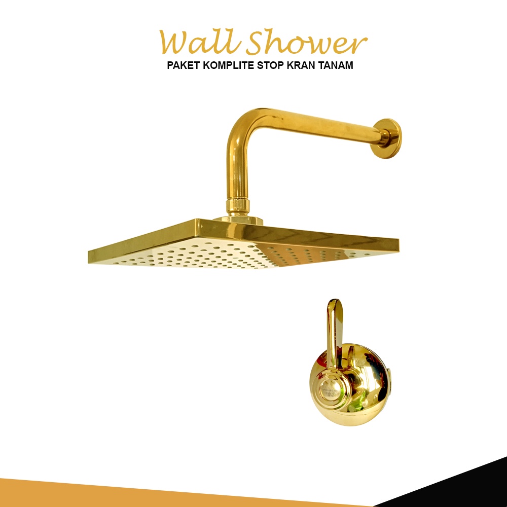 Wall Shower Set Gold Stainless Shower Dinding Paket Kran Tanam Kuningan /  Shower Tanam Gold Pancuran Hujan Deras