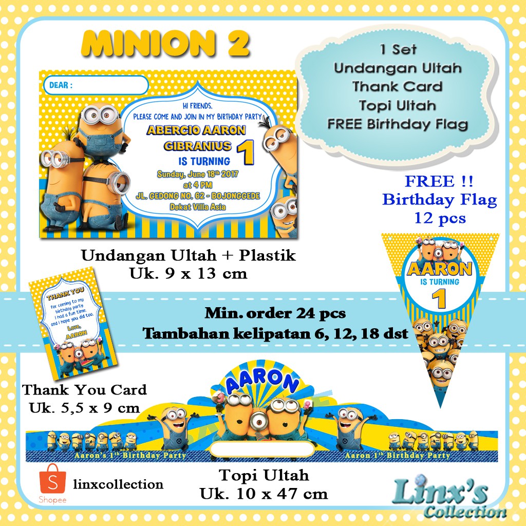 Souvenir Ultah 1 Set Paket Undangan Ultah Anak Kartu Souvenirtopi Ulang Tahun Minion