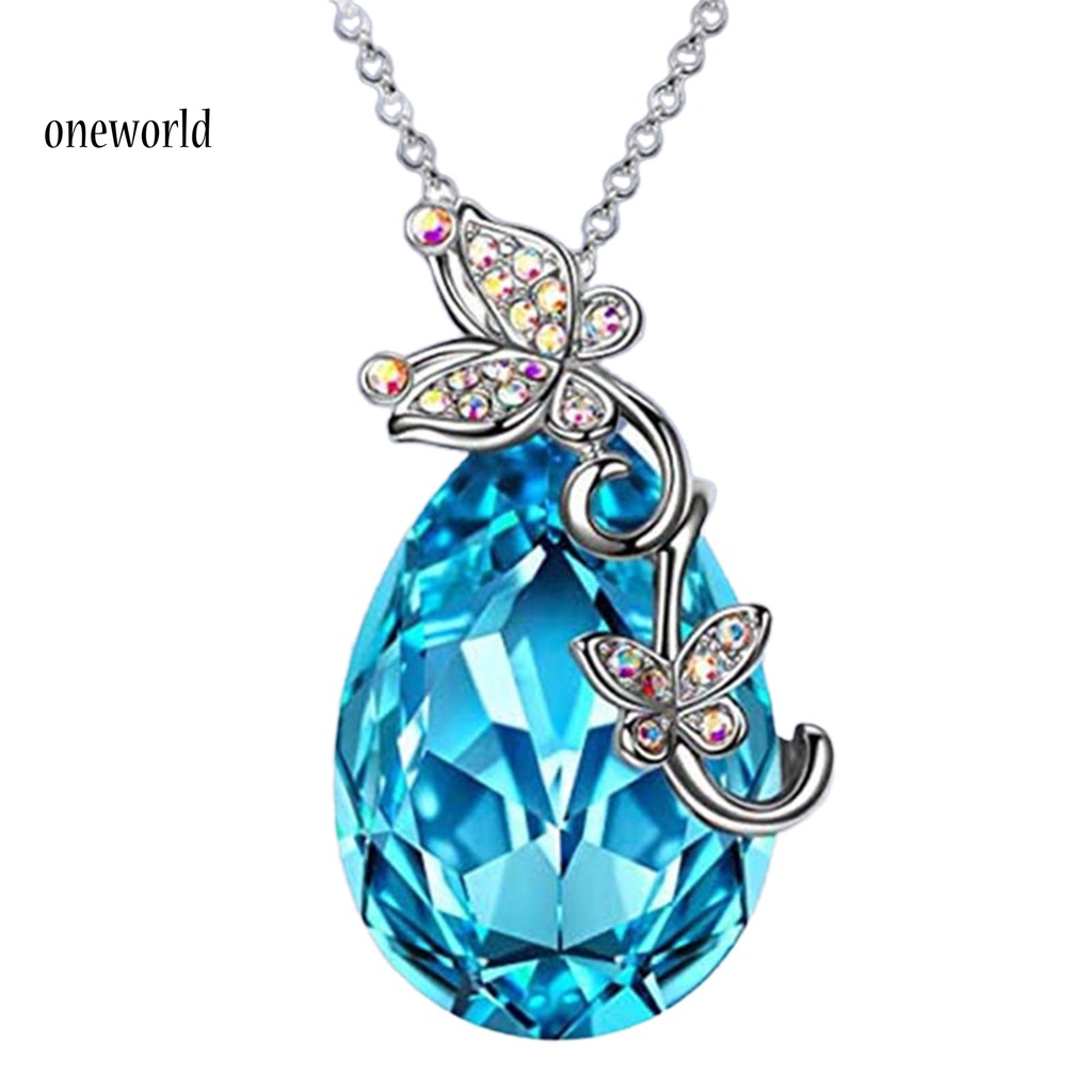 |Onwo Dress Mini Lengan Pendek Untuk Wanita| Kalung Rantai Desain Butterfly Waterdrop Aksen Kristal Imitasi Warna Biru Bahan Silver Plated Untuk Wanita