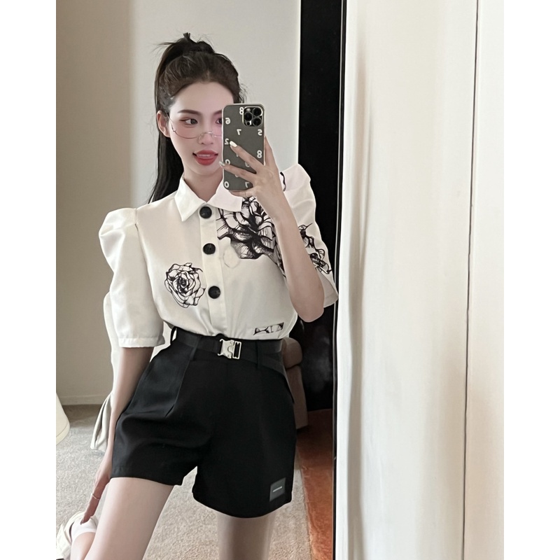 Strawberry Hitam ~ Versi Korea Lukisan Tinta Bunga Cetak Bahu Pad Puff Lengan Kemeja Top + Pinggang