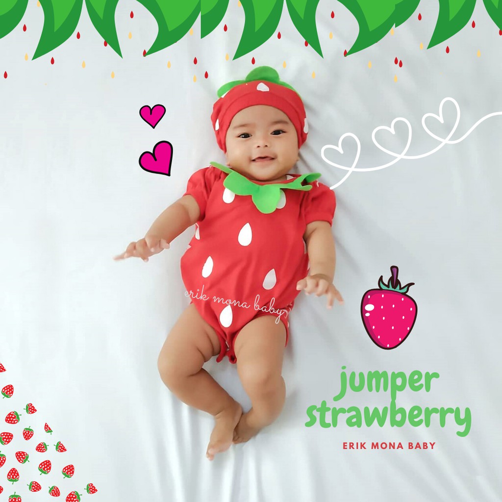 Ermon Baby - Jumper Bayi Laki Laki Perempuan Jumper Baby Cowok Cewek Lucu Karakter Buah Strawberry + Topi Usia 0 - 12 Bulan