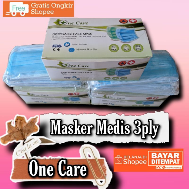 Masker Medis One Care 3ply Isi 50pcs, Masker Sekali Pakai