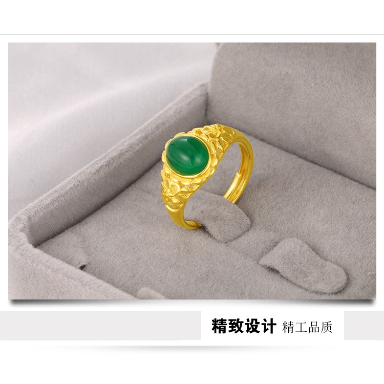 Cincin Emas Asli Kadar 375 Desain Bunga Melati Hijau Chalcedony 3D Untuk Wanita