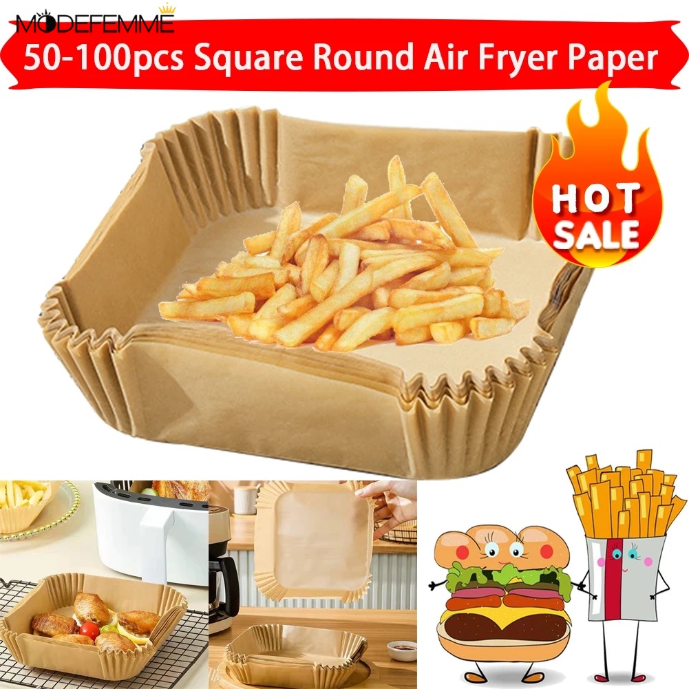 30 / 50 / 100Pcs Kertas Alas Baking Air Fryer Bentuk Persegi Sekali Pakai Tahan Air Tidak Lengket