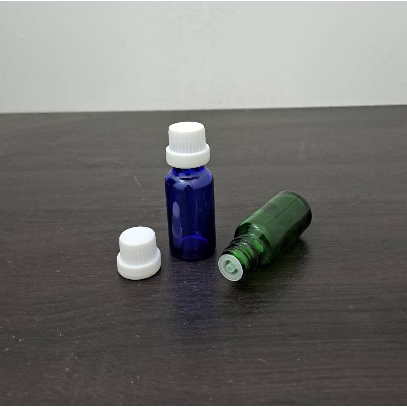 botol kaca 20ml hijau biru tutup filler putih / botol essential oil 20ml