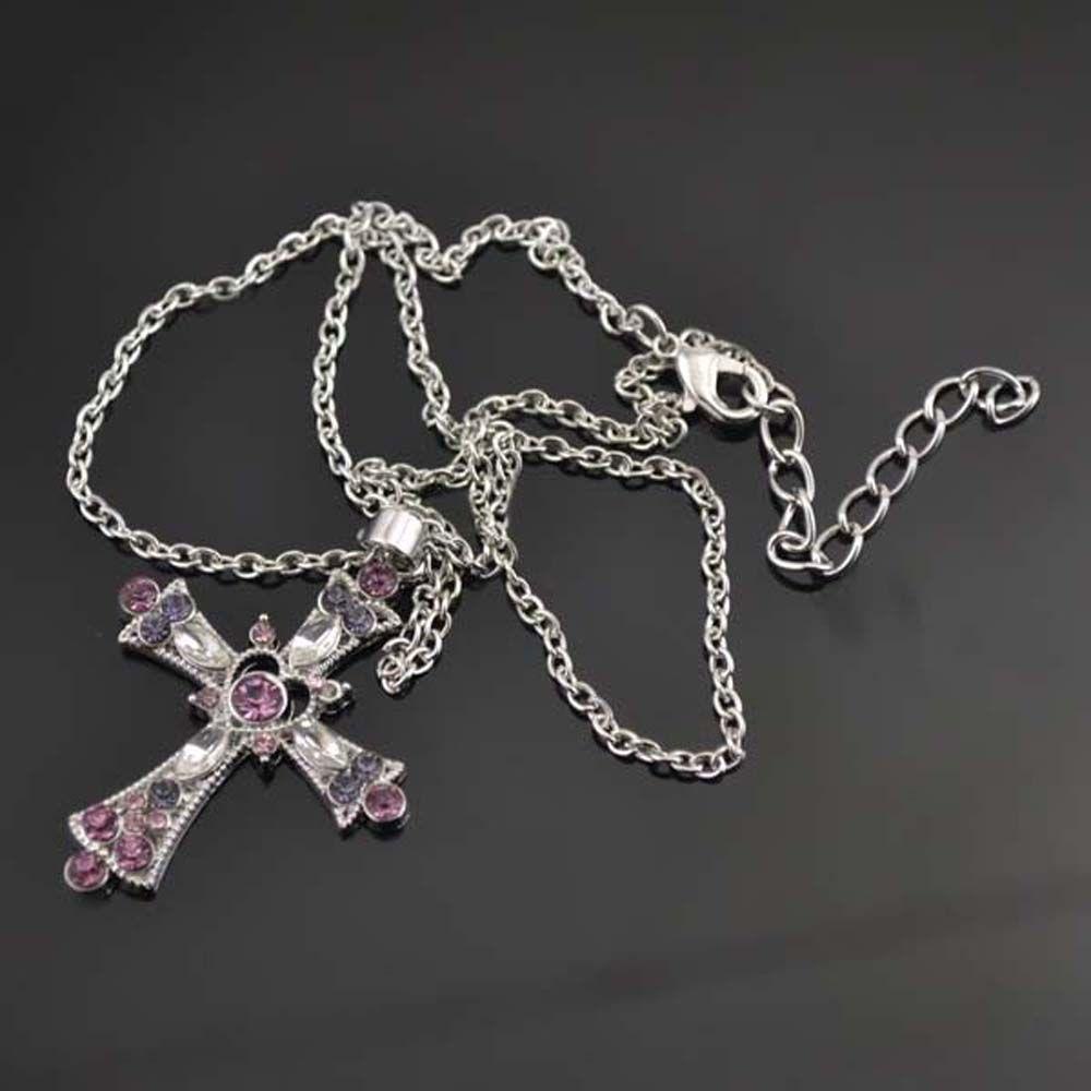 Needway Kalung Salib Gothic Punk Hip Pop Warna Pink Zirkon Salib Liontin Baja Warna Berlian Klavikula Rantai