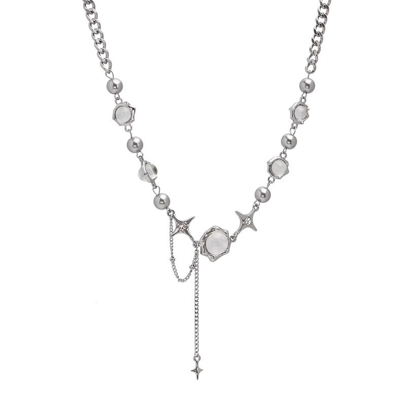 Kalung Rantai Klavikula Model Rumbai Silang Bahan Zirkon Warna Silver Untuk Wanita