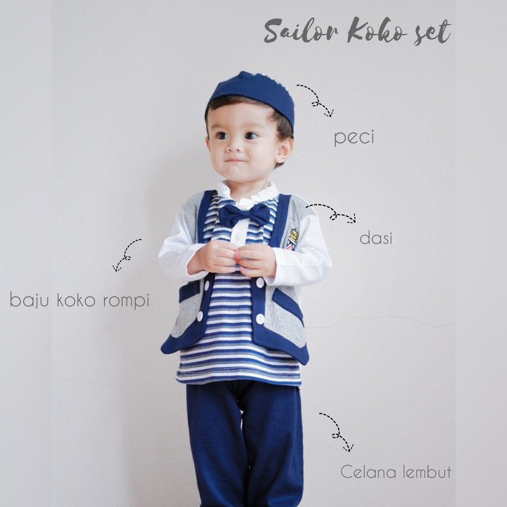 Koko SAILOR / Habibie Set Baju  Muslim Peci Setelan Bayi Cowok Anak Laki Keren Lebaran Aqiqah Murah Terlaris