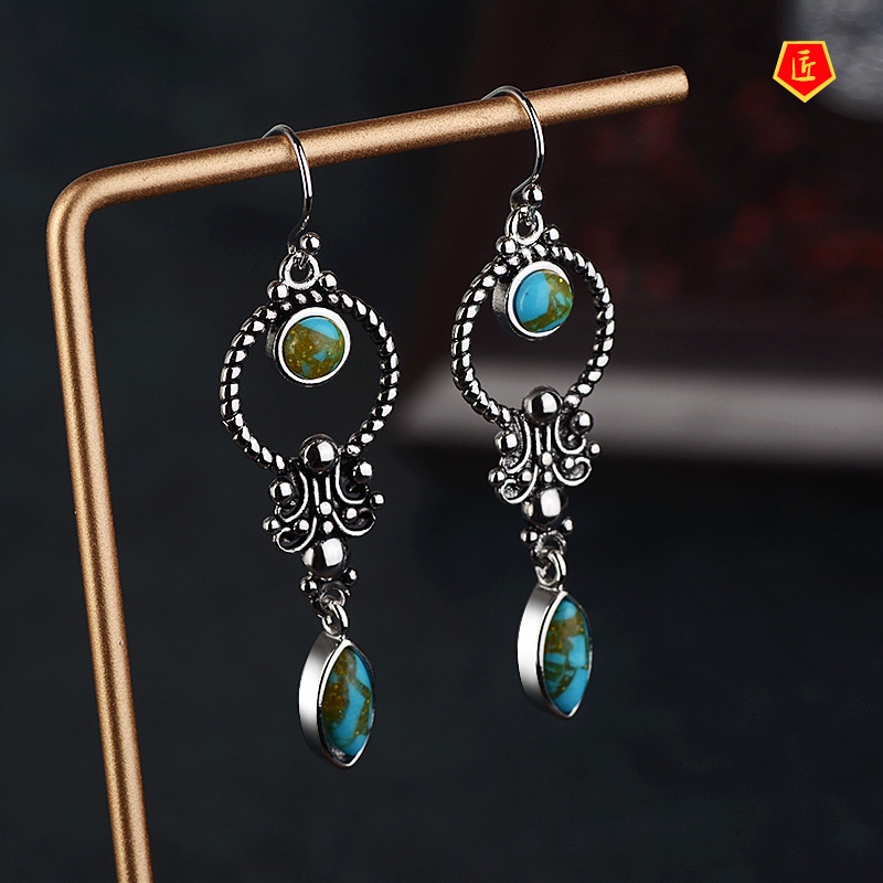 [Ready Stock]Women's Retro Silver Inlaid Turquoise Eardrops Earrings