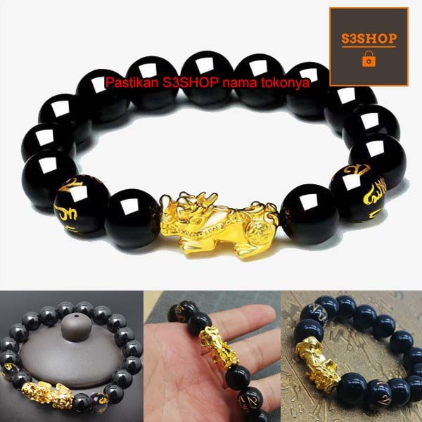 Gelang Batu Naga Model Pixiu Black Gold Pria dan Wanita Manik Manik