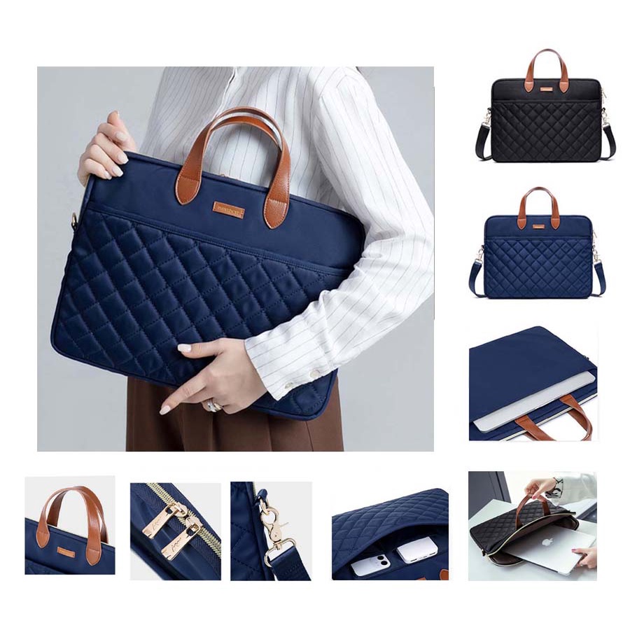 Tas Laptop Selempang Premium Quilted Fashion with Strap 13 14 15 inch