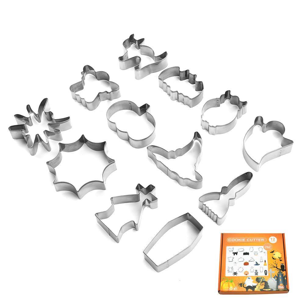 Solighter 12pcs Cetakan Adonan Kue Fondant Desain Halloween 3D Bahan Stainless Steel