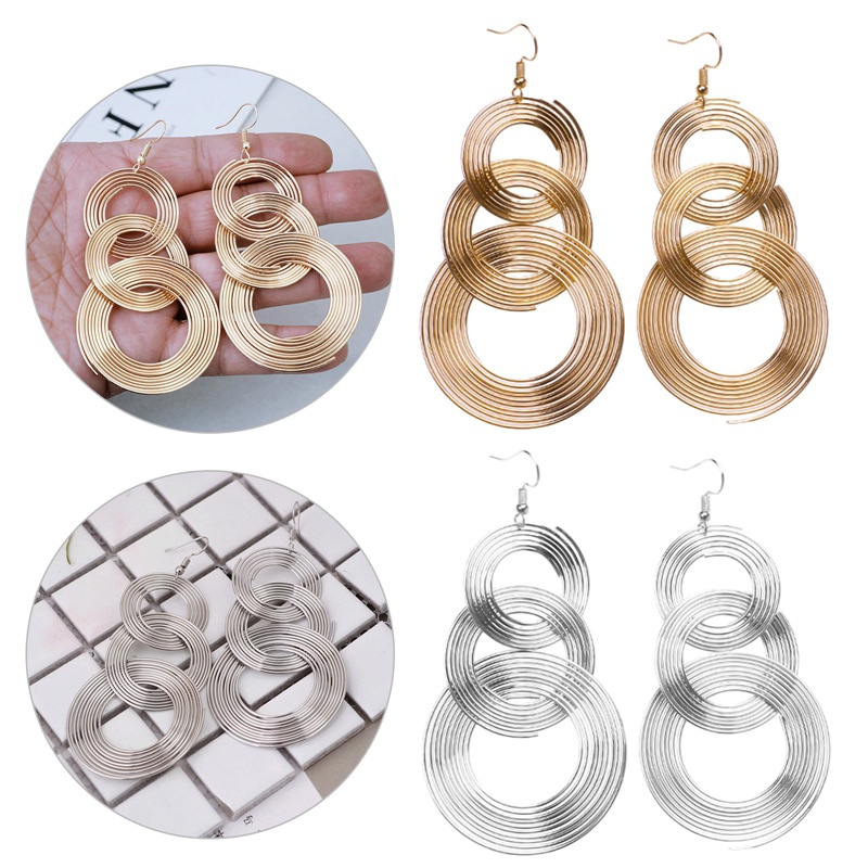 Anting Tusuk Gantung Bahan Metal Desain Geometri Gaya Retro Untuk Wanita