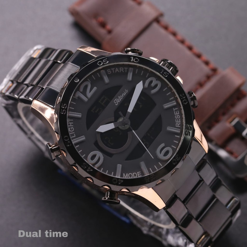 Jam Tangan Pria Tetonis Original 12359LS Tali Rantai Free Kulit