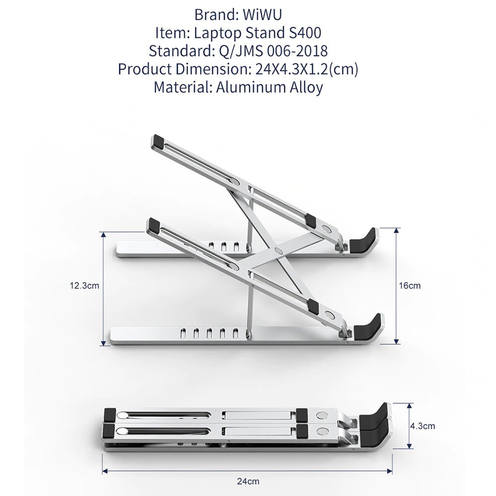 WIWU S400 - Ergonomic Aluminium Alloy Adjustable Folding Laptop Stand - Untuk Notebook ukuran 10-15&quot;