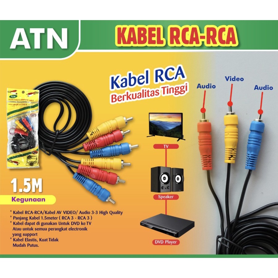 KABEL RCA DVD VIDEO AUDIO 3-3 3 KE 3 ATN 1,5 M METER PREMIUM QUALITY