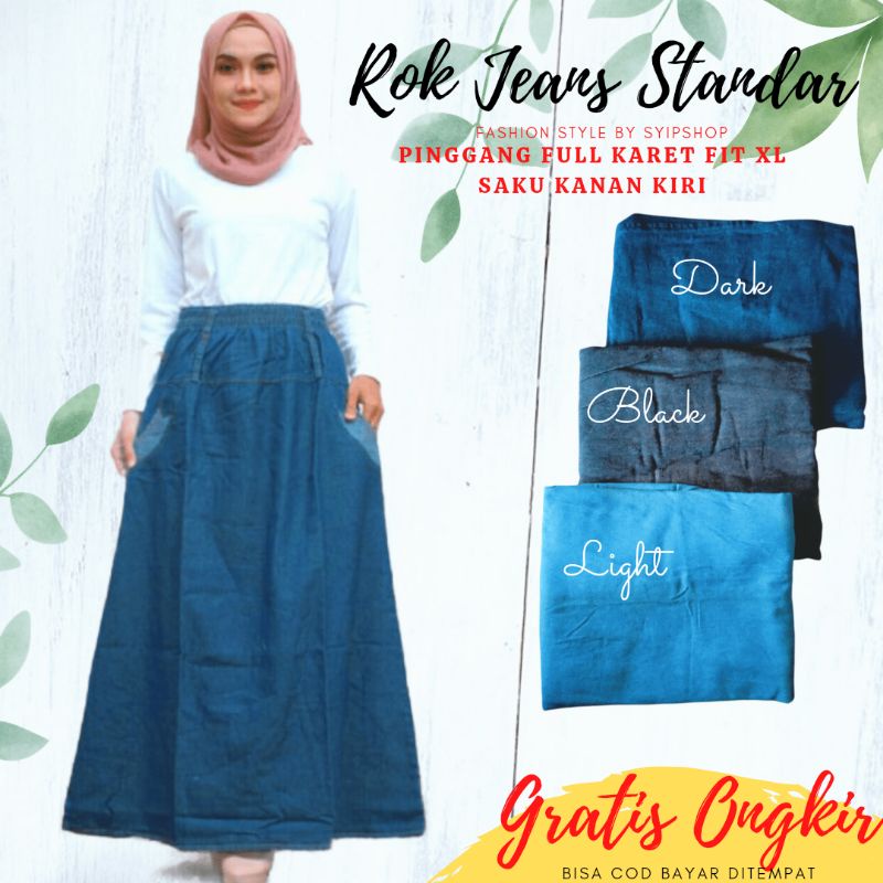 ROK WANITA PANJANG JEANS POLOS DENIM MURAH!! bawahan rok panjang jeans model Line A pinggang full karet-1